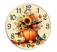 Horienteeon Fall Pumpkins Wall Clock Thanksgiving Autumn Harvest Hanging Wooden Silent Non Ticking Decorative Clock For Living Room, Kitchen, Home,Bathroom, Bedroom, Office Or School Round 12"