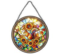 Horienteeon Fall Squirrel Stained Glass Window Thanksgiving Harvest Stained Glass Suncatcher Ornament Window Decor Suncatcher Gift Idea & Garden Ornament Indoor Outdoor Autumn Round 8"