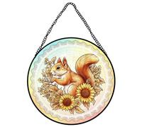 Horienteeon Fall Squirrel Stained Glass Window Thanksgiving Harvest Sun Catchers Indoor Window, Suncatchers For Windows Home Decoration Christmas Festival Gifts Autumn Round 10"