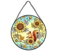Horienteeon Fall Squirrel Stained Glass Window Thanksgiving Harvest Sun Catchers Indoor Window, Suncatchers For Windows Home Decoration Christmas Festival Gifts Autumn Round 10"