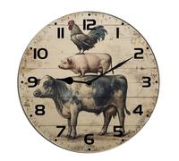 Horienteeon Farm Animal Cow Pig And Chicken Wall Clock Wooden Decorative Wooden Battery Operated Quartz Silent Hanging Clock For Bedroom Living Room Kitchen Coffee Bar Round 10"