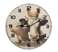 Horienteeon Farm Animal Cow Pig And Chicken Wall Clock Wooden Desk Kitchen Decor Decorative Battery Operated Clocks For Living Room Bedroom Bathroom Farmhouse Round 10"