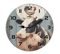 Horienteeon Farm Animal Cow Pig And Chicken Wall Clock Wooden Desk Kitchen Decor Decorative Battery Operated Clocks For Living Room Bedroom Bathroom Farmhouse Round 10"