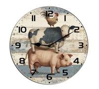 Horienteeon Farm Animal Cow Pig And Chicken Wall Clock Wooden For Kitchen Bathroom Silent Non Ticking Decorative Clock Battery Operated Home Office Living Room Decor Round 10"