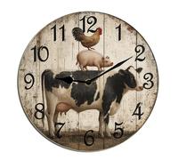 Horienteeon Farm Animal Cow Pig And Chicken Wall Clock Wooden For Kitchen Bathroom Silent Non Ticking Decorative Clock Battery Operated Home Office Living Room Decor Round 10"