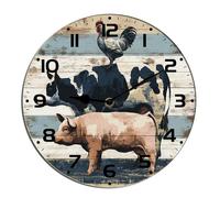 Horienteeon Farm Animal Cow Pig And Chicken Wall Clock Wooden Non Ticking Silent Quartz Bedroom Living Room Office Gym Kitchen Bathroom Patio Decor Decorative Clocks Round 10"