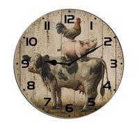 Horienteeon Farm Animal Cow Pig And Chicken Wall Clock Wooden Silent Non Ticking Decorative Clock For Living Room, Kitchen, Home,Bathroom, Bedroom, Office Or School Round 10"