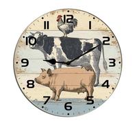 Horienteeon Farm Animal Cow Pig And Chicken Wall Clock Wooden Silent Non Ticking Decorative Clock For Living Room, Kitchen, Home,Bathroom, Bedroom, Office Or School Round 10"