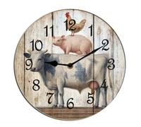 Horienteeon Farm Animal Cow Pig And Chicken Wall Clock Wooden Silent Non-Ticking Desk Clock Decorative For Living Room Home Office School Kitchen Wall Decoration Round 10"