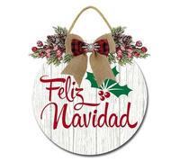 Horienteeon Feliz Navidad Door Sign Christmas Welcome Sign Spanish Christmas Door Decor 28cm Round Wooden Wall Hanger with Wreath for Front Porch Yard Indoor Outdoor Decorations