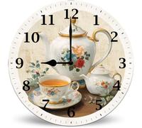 Horienteeon Floral Porcelain Teapot Vintage Round Wall Clock 30 cm