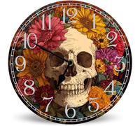 Horienteeon Flower Skull Wooden Clock 25cm Silent Non-Ticking Battery Operated Wall Clock, Rustic Halloween Decor Battery Operated Wall Clocks for Home Decor Living Room Kitchen Office