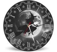 Horienteeon Flying Witch Full Moon Wooden Wall Clocks Art Silent Non-Ticking Wall Clock, Round Arabic Numeral Decorative Wall Clocks 25cm, Halloween Wall Clock for Kitchen Bathroom