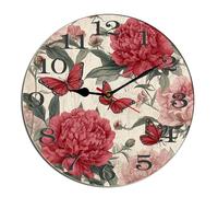 Horienteeon French Butterfly Peony Flower Wall Clock Red Rose Wooden Decorative Silent Non Ticking Battery Operated Wood Clock For Bedroom Bathroom Living Room Office School Kitchen Round 12"