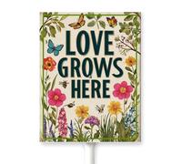Horienteeon Garden Sign Love Grows Here Aluminum Lawn Signs With Stake Caution Warning Wildflowers Flowerbed Aluminum Decoration Rustproof Street Lawn Grass For Outdoor Stake Set 6x4.6inch