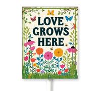 Horienteeon Garden Sign Love Grows Here Aluminum Lawn Signs With Stake Caution Warning Wildflowers Flowerbed Rustproof Sturdy Aluminum Sign For Outdoor Lawn Grass Street Decoration 7x8.8inch