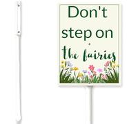 Horienteeon Garden Sign With Stake Don't Step On The Fairies Aluminium Sign 7X8.8Inch Wildflower Sign Retro Yard Metal Signs Lawn Grass Outdoor Aluminium Wall Decor And 12.8" Stake Kit