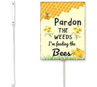 Horienteeon Garden Sign With Stake Pardon The Weeds,We are Feeding The Bees Sign For Yard 8x12inch Save The Bees Summer Garden Yard Sign Outdoor Decor No Mow Spring Lawn Sign For Outside