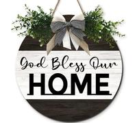 Horienteeon God Bless Our Home Decorations Sign for Farmhouse Front Door Porch 30×30cm, Wooden Rustic God Decorations Wall Art, Rustic Welcome Signs for Home Front Door Wall Decor