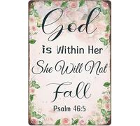 Horienteeon God is Within Her She Will Not Fall Sign Psalm 46:5 Christian Metal Sign Gifts Bible Verse Wall Art Inspirational Decor for Home Bathroom Decoration 14x20cm Aluminum