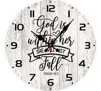 Horienteeon God is Within Her She Will Not Fall Wall Clock Religious Scripture Art 25cm Large Number Display Battery Operated Silent Non Ticking Wooden Bible Clocks for Kitchen, Living Room, Bedroom