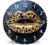 Horienteeon Golden Leopard Print Lip Wooden Wall Clock 25cm Silent Non-Ticking Battery Operated Wall Clock, Pink Aesthetics Wall Clocks Chic Wall Clock for Bedroom, Living Room, Bathroom or Dorm