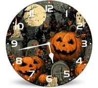 Horienteeon Halloween Pumpkin Theme Wooden Clock 25cm Silent Non-Ticking Battery Operated Wall Clock, Rustic Halloween Decor Battery Operated Wall Clocks for Home Decor Living Room Kitchen