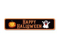 Horienteeon Happy Halloween Sign Retro Halloween Decor 10x40cm Metal Aluminum Funny Holiday Decor Vintage Wall Decoration for Farmhouse Outdoor Indoor Wall Art