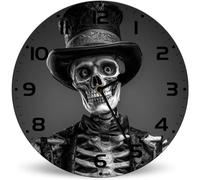 Horienteeon Hat Skull Halloween Wall Clocks Silent Non-Ticking Battery Operated Clock 25cm, Wood Halloween Round Wall Clock for Living Room, Kitchen, Office, Bathroom, Unique/Funny Gift