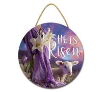 Horienteeon He is Risen Sign Wreath for Front Door Decor Religious Cross Easter Wooden Door Hanger Decorations Farmhouse Lily Flowers Lamb Wall Hanging Sign for Home Front Porch 28cm