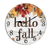 Horienteeon Hello Fall Wall Clock Autumn Maple Leaves Thanksgiving Wooden Desk Decor Decorative Battery Operated Clocks For Living Room Bedroom Bathroom Farmhouse Round 10"