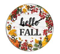 Horienteeon Hello Fall Wall Clock Autumn Maple Leaves Wooden Decorative Wooden Battery Operated Quartz Silent Hanging Clock For Bedroom Living Room Kitchen Coffee Bar Round 10"