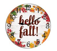 Horienteeon Hello Fall Wall Clock Autumn Maple Leaves Wooden Silent Non-Ticking Desk Clock Decorative For Living Room Home Office School Kitchen Wall Decoration Round 10"