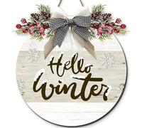 Horienteeon Hello Winter Wood Sign for Front Door Porch, Winter Welcome Farmhouse Door Hanger for Outdoor Outside Decor, Rustic Snowflakes Wooden Wreath Wall Hanging Decoration 28cm