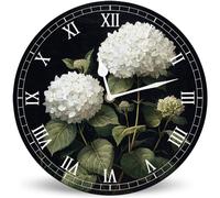 Horienteeon Hydrangea Green Plants Black Wooden Clock 25cm Silent Non-Ticking Battery Operated Wall Clock, Floral Spring Wall Clocks for Home Bedroom, Bathroom, Living Room