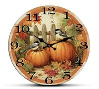 Horienteeon Imahoocool Fall Birds Pumpkin Wall Clock Autumn Thanksgiving Harvest Wooden For Kitchen Bathroom Silent Non Ticking Clock Battery Operated Home Office Living Room Decor Round 10 Inch