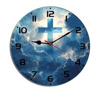 Horienteeon Jesus God Cross Wall Clock Bible Holy Clouds Gospel Religious Wooden Kitchen Living Room Silent Non-Ticking Decorative Clock Battery Operated Bedroom Home Decorative Round 10"