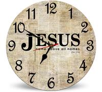 Horienteeon Jesus Name Above All Names Wall Clock Decorative 25cm Silent Non-Ticking Wall Clocks, Christian Jesus Wooden Wall Clock Battery Operated Esay Read for Home Housewarming Gift