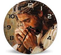 Horienteeon Jesus Prays Chris Wood Clock 25cm Battery Operated Non-Ticking Wall Clock, Jesus Praying Prayer Christ God Wall Clocks for Kitchen Living Room Bedroom Bathroom Christian Decoration