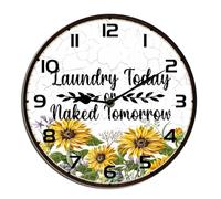 Horienteeon Laundry Wall Clock Laundry Today Naked Tomorrow Wooden Wall Clock For Living Room, Spring Floral Easy To Read Floral Wall Clock For Bedroom, Bathroom And Kitchen Round 10"