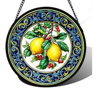 Horienteeon Lemon Fruit Stained Glass Window Hanging Summer Lemon Kitchen Ornament Home Living Room Garden Decor Desk Decorations Colorful Gift For Women Men Round 8"