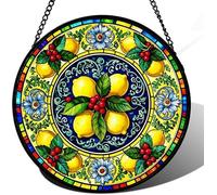 Horienteeon Lemon Fruit Stained Glass Window Hanging Summer Lemon Kitchen Ornament Home Living Room Garden Decor Desk Decorations Colorful Gift For Women Men Round 10"