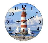 Horienteeon Lighthouse Wall Clock Seagull Beach Wall Clock Wooden Kitchen Living Room Silent Non-Ticking Decorative Clock Battery Operated Bedroom Home Decorative 10"