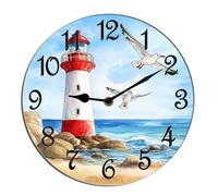 Horienteeon Lighthouse Wall Clock Seaside Harbor Seagulls Clock Decorative Wooden Battery Operated Quartz Silent Hanging Clock For Bedroom Living Room Kitchen Coffee Bar Shop Hotel Round 10"