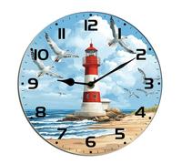 Horienteeon Lighthouse Wall Clock Seaside Harbor Seagulls Clock Decorative Wooden Battery Operated Quartz Silent Hanging Clock For Bedroom Living Room Kitchen Coffee Bar Shop Hotel Round 10"
