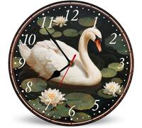 Horienteeon Lotus Swan Vintage Wooden Clock 25cm Silent Non-Ticking Battery Operated Wall Clock, Round Lake Wall Clocks for Home Decor Living Room Kitchen Office