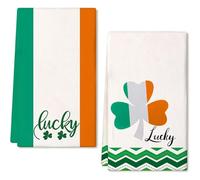 Horienteeon Lucky Shamrock Happy St. Patrick's Day Green Kitchen Dish Towel Set of 2, Irish Flag Pattern Hand Drying Baking Cloth, Irish Holiday Decor Home Decorations, Housewarming Gift 60×40cm