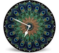 Horienteeon Mandala Peacock Feathers Wood Clock 25cm Battery Operated Non-Ticking Wall Clock, Unique/Funny Gift Wall Clock for Home Decor Living Room Kitchen Office