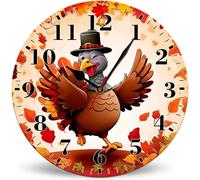 Horienteeon Maple Leaf Turkey Cute Autumn Thanksgiving Round Wooden Wall Clock 30cm, Silent Non-Ticking Decorative Wall Clocks Battery Operated for Home Living Room Kitchen Bathroom Bedroom