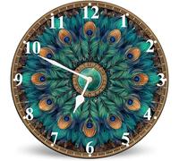 Horienteeon Ornament Peacock Feathers Print Wood Clock 25cm Battery Operated Non-Ticking Wall Clock, Rustic Farmhouse Wall Clock for Living Room, Kitchen, Bathroom, Bedroom, Laundry Room